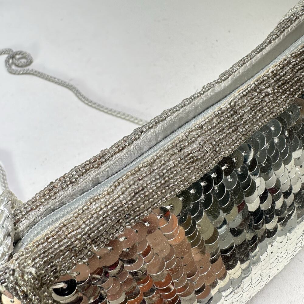 Vintage Dolce By Pierre Sequin Bag Handbag Purse Silver Beaded Edge Purse Lined - Picture 6 of 11